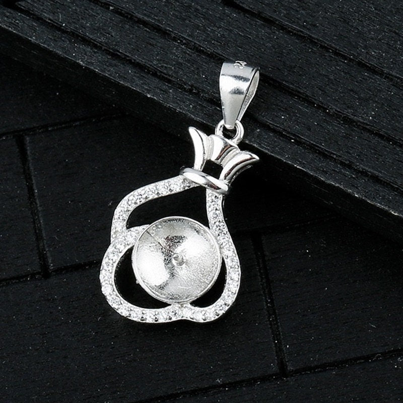 Crystals Gift Bag Cup Pin Base Pendant Setting Sterling Silver White Gold Fine 925 8-10mm For One Pearl Bead No Prongs DIY Jewelry Wholesale