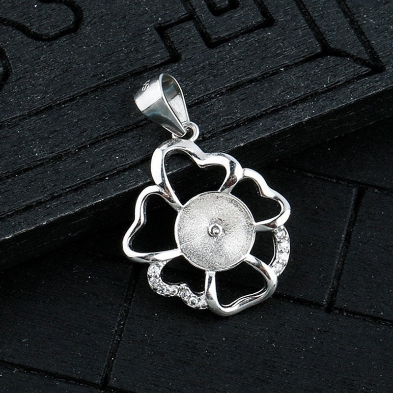 Crystals Flower Cup Pin Base Pendant Blank Setting Sterling Silver White Gold Fine 925 8-10mm For One Pearl No Prongs DIY Jewelry Wholesale