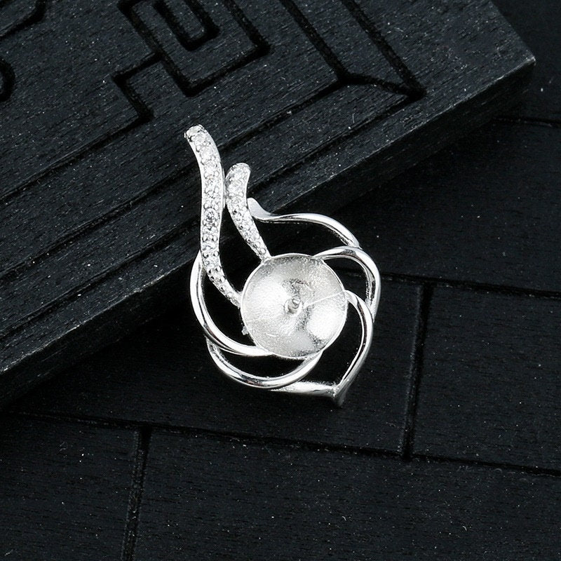 Crystals Leaf Cup Pin Pendant Setting Base Sterling Silver White Gold Fine 925 8-10mm For One Pearl Bead No Prongs DIY Jewelry Wholesale