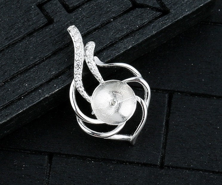 Crystals Leaf Cup Pin Pendant Setting Base Sterling Silver White Gold Fine 925 8-10mm For One Pearl Bead No Prongs DIY Jewelry Wholesale