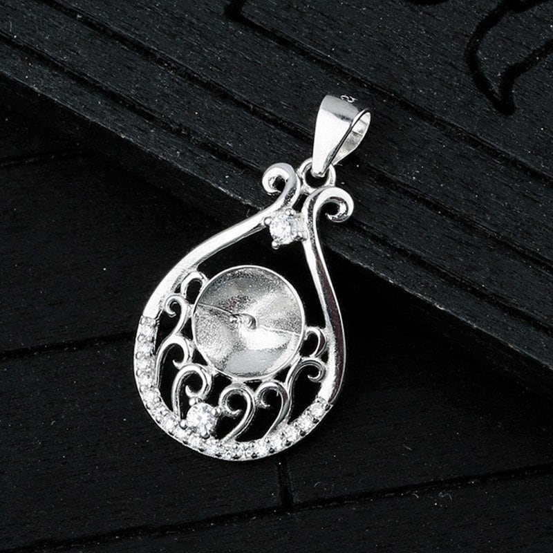 Crystals Gift Bag Cup Pin Base Pendant Setting Sterling Silver White Gold Fine 925 8-10mm For One Pearl Bead No Prongs DIY Jewelry Wholesale