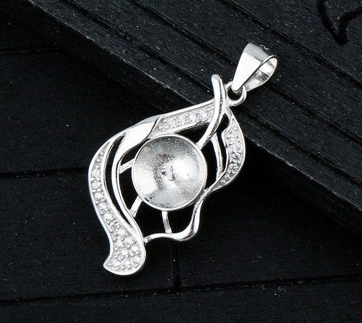 Crystals Leaf Cup Pin Base Pendant Blank Setting Sterling Silver White Gold Fine 925 8-10mm For One Pearl No Prongs DIY Jewelry Wholesale