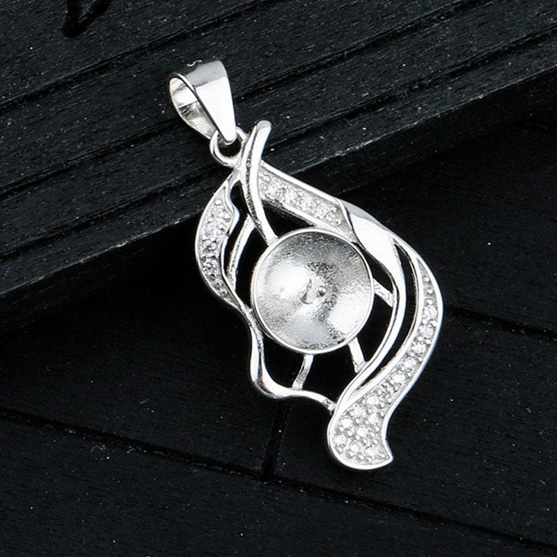 Crystals Leaf Cup Pin Base Pendant Blank Setting Sterling Silver White Gold Fine 925 8-10mm For One Pearl No Prongs DIY Jewelry Wholesale