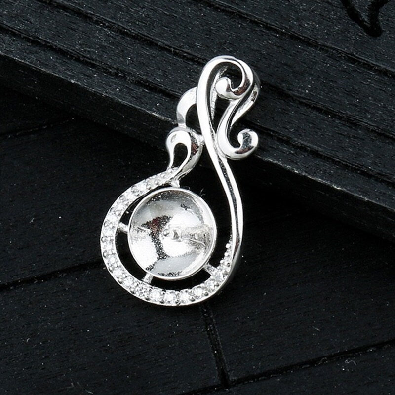 Crystals Leaf Cup Pin Base Pendant Setting Sterling Silver White Gold Fine 925 8-10mm For One Pearl Bead No Prongs DIY Jewelry Wholesale