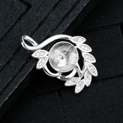 Crystals Leaf Cup Pin Base Pendant No Prongs Setting Sterling Silver White Gold Fine 925 8-10mm For One Pearl Bead DIY Jewelry Wholesale