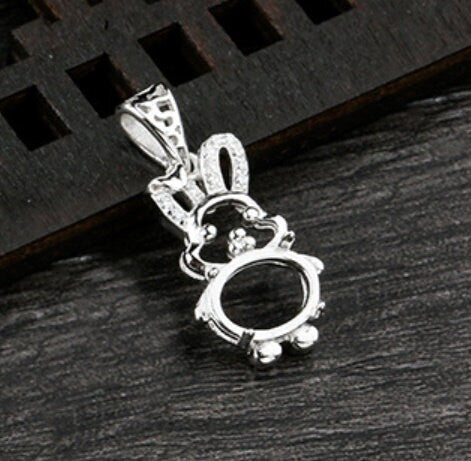 Crystals Rabbit Oval Base Pendant Setting Sterling Silver White Gold Fine 925 7x9mm For One Stone Gemstone Four Prongs DIY Jewelry Wholesale