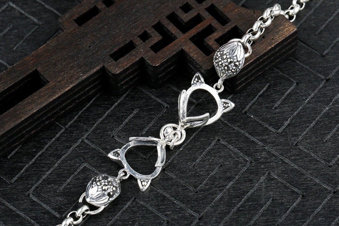 Retro Fox Teardrop Base Bracelet Setting Tray Bulk Sterling Silver Fine 925 9x10mm For Three Stones Beads Adjustable DIY Jewelry Wholesale