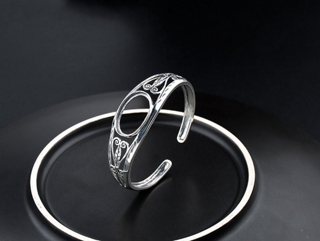 Ethnic Leaf Pattern Oval Mount Bracelet Setting Fine 925 Sterling Silver Adjustable 14.5x22mm For One Stone No Prongs DIY Jewelry Wholesale