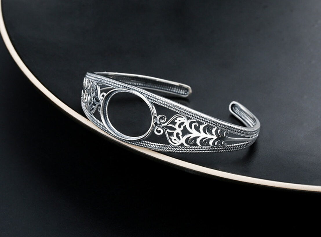 Ethnic Leaf Pattern Oval Mount Bracelet Setting Sterling Silver Fine 925 15x20mm For One Stone Adjustable No Prongs DIY Jewelry Wholesale