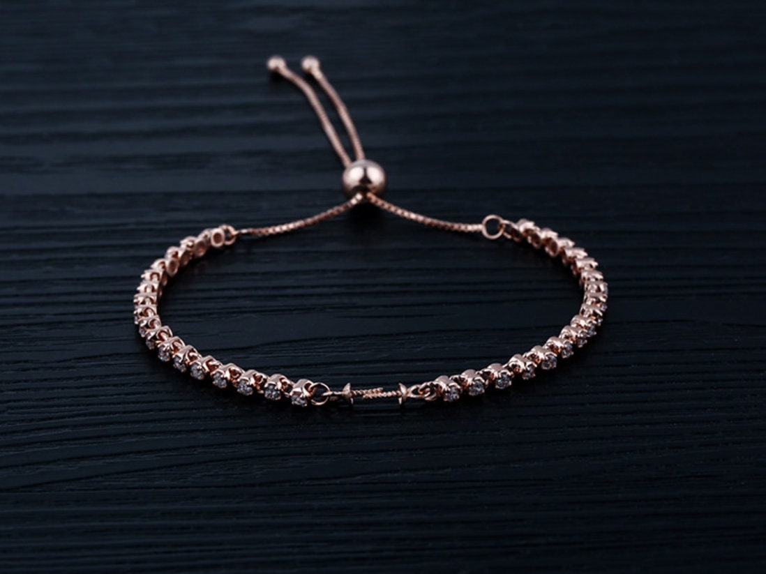 Crystals Chain Cup Bangle Mount Bracelet Setting Sterling Silver Rose Gold 925 6-10mm For One Pearl Bead Adjustable DIY Jewelry Wholesale