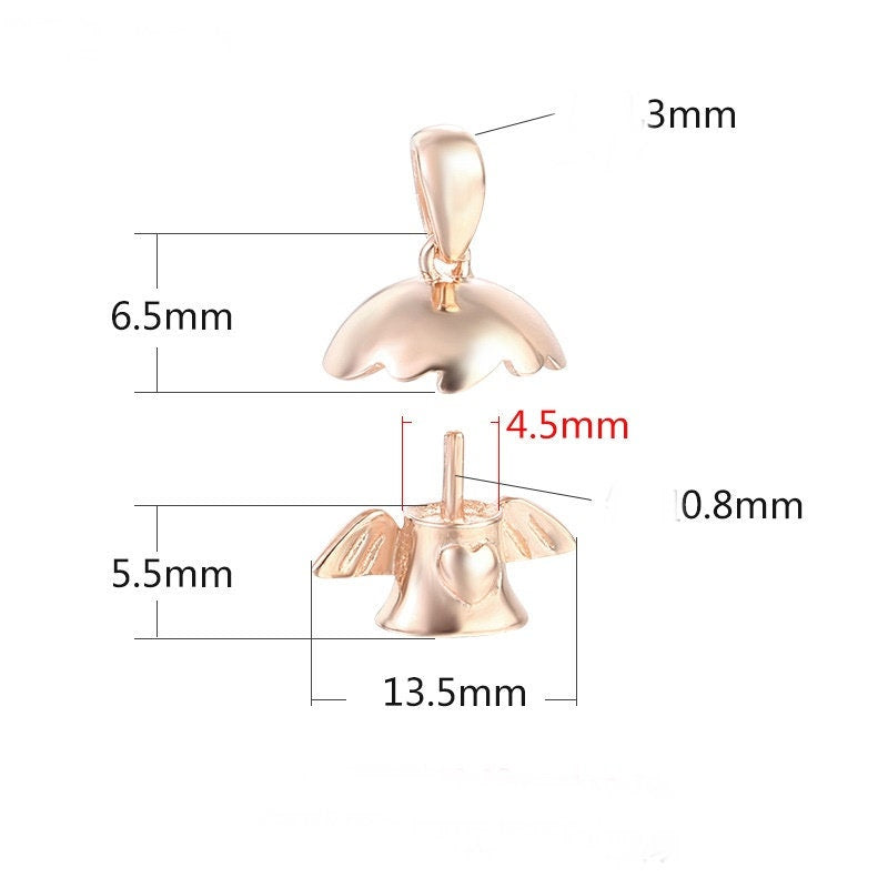 Angel Wings Pin Base Pendant Setting Sterling Silver Rose Gold Fine 925 10-12mm For One Pearl Bead No Prongs DIY Jewelry Wholesale