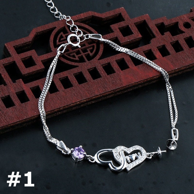 Crystals Heart Love Cup Pin Chain Bracelet Setting Sterling Silver Fine 925 8-14mm For One Pearl Adjustable Bulk Tray DIY Jewelry Wholesale