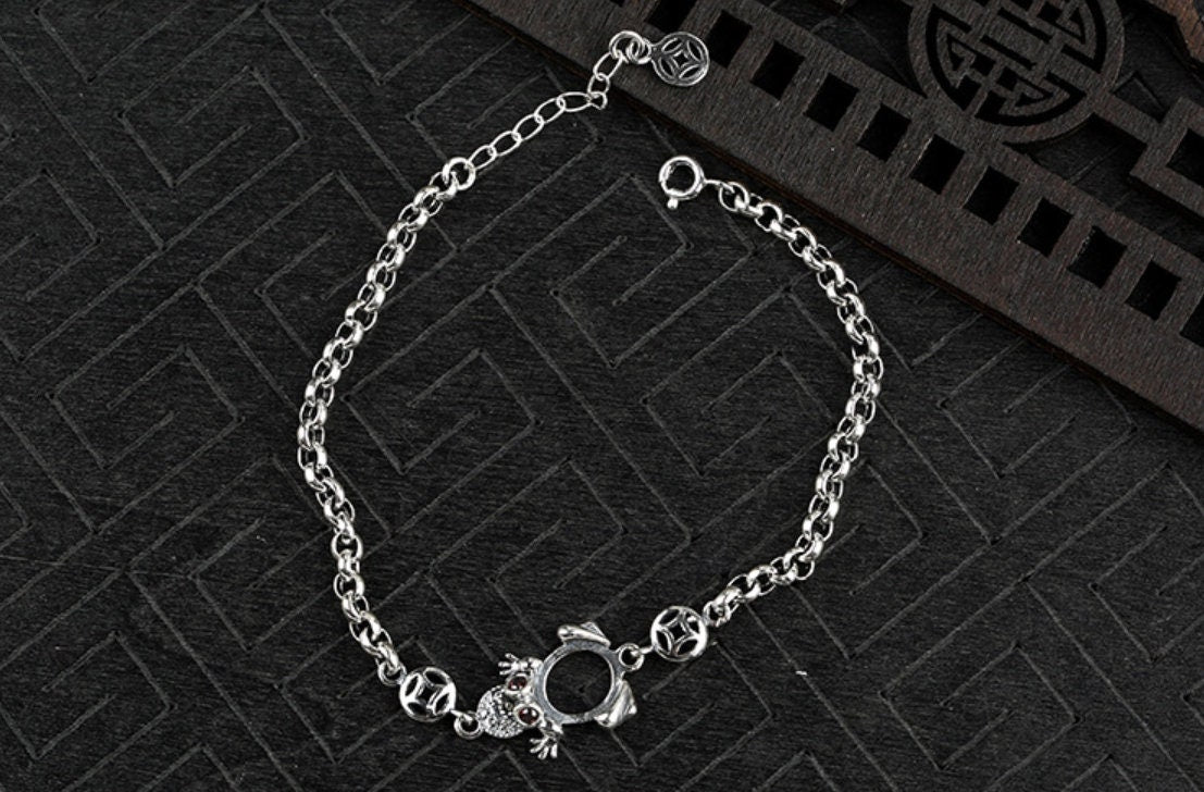 Retro Frog Oval Cup Chain Mount Bracelet Setting Sterling Silver Antique Fine 925 8x9mm For One Stone Bead No Prongs DIY Jewelry Wholesale