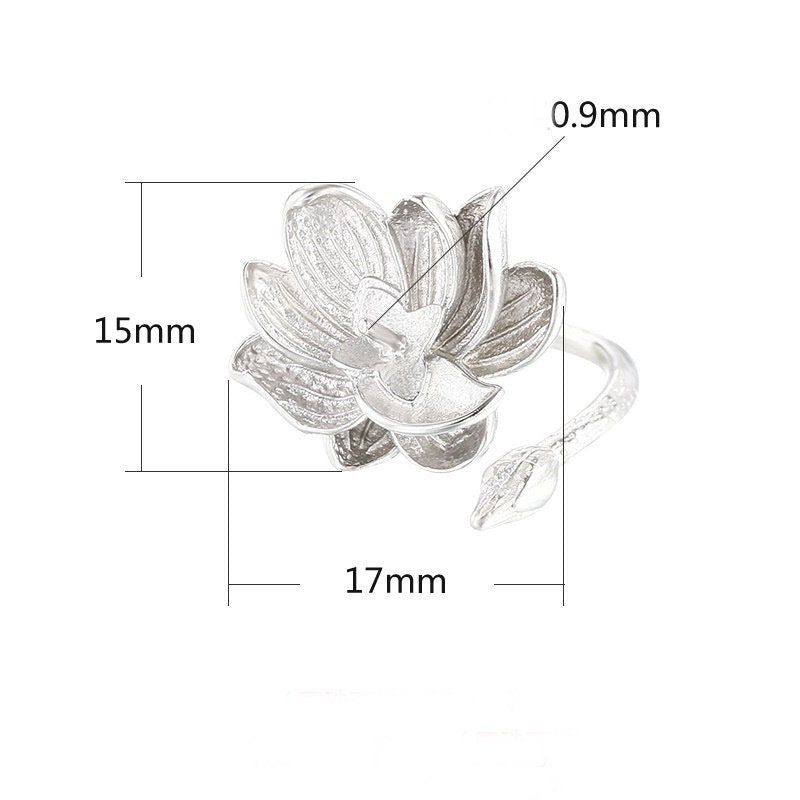 Ring Blank Setting 1pc Sterling Silver 925 Lotus Flower Pin Base White Gold Fine 6-10mm For One Pearl Bead Adjustable No Prongs Wholesale