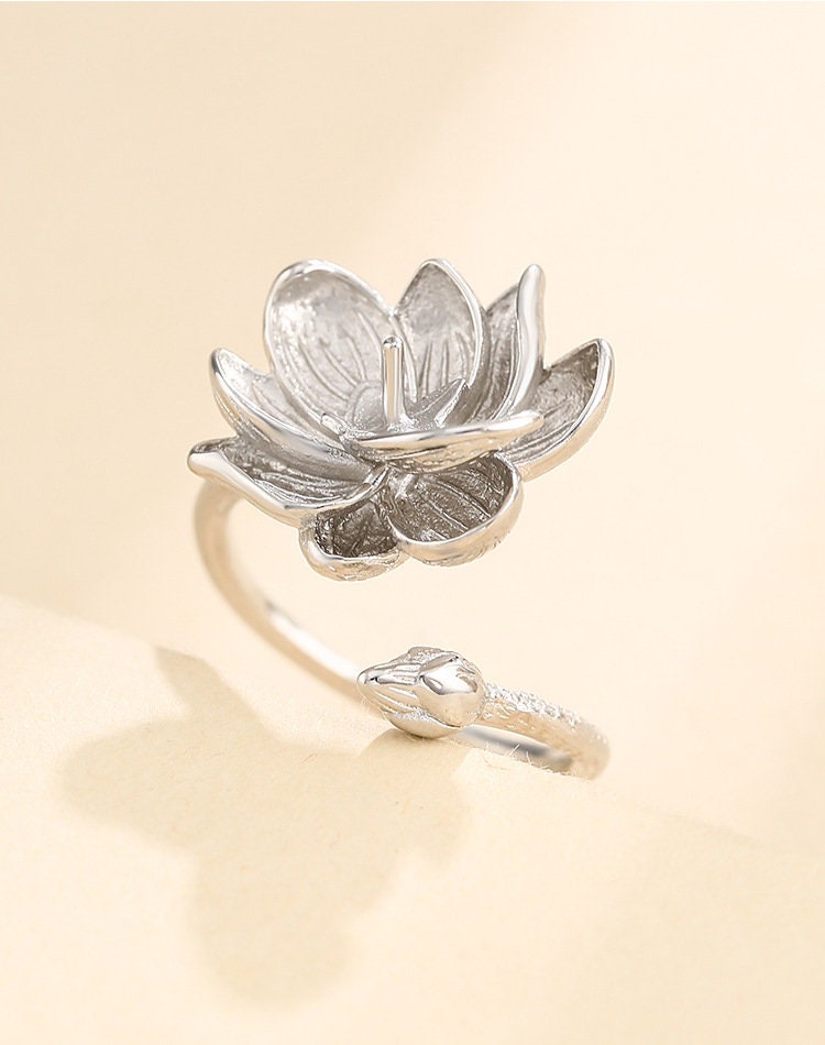 Ring Blank Setting 1pc Sterling Silver 925 Lotus Flower Pin Base White Gold Fine 6-10mm For One Pearl Bead Adjustable No Prongs Wholesale