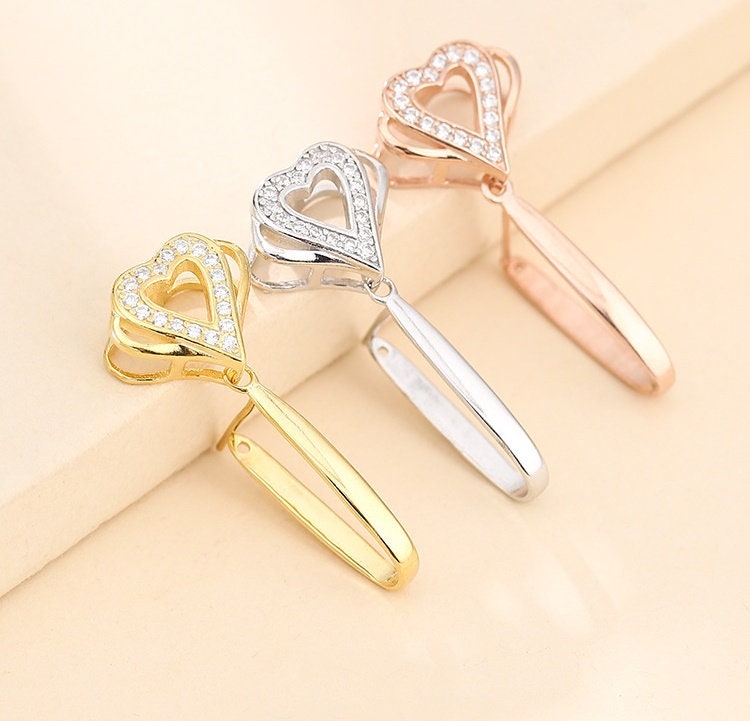 Crystals Heart Buckle Clip Pendant Setting Sterling Silver Rose Gold Fine 925 9x15mm For One Donut Bead No Prongs DIY Jewelry Wholesale