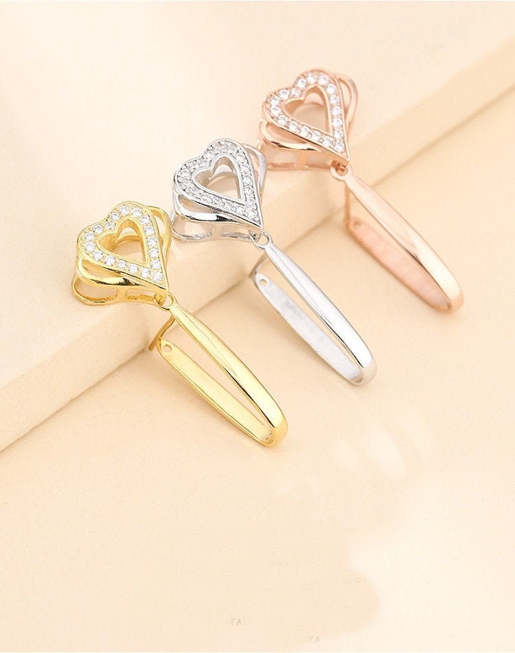 Crystals Heart Buckle Clip Pendant Setting Sterling Silver Rose Gold Fine 925 9x15mm For One Donut Bead No Prongs DIY Jewelry Wholesale