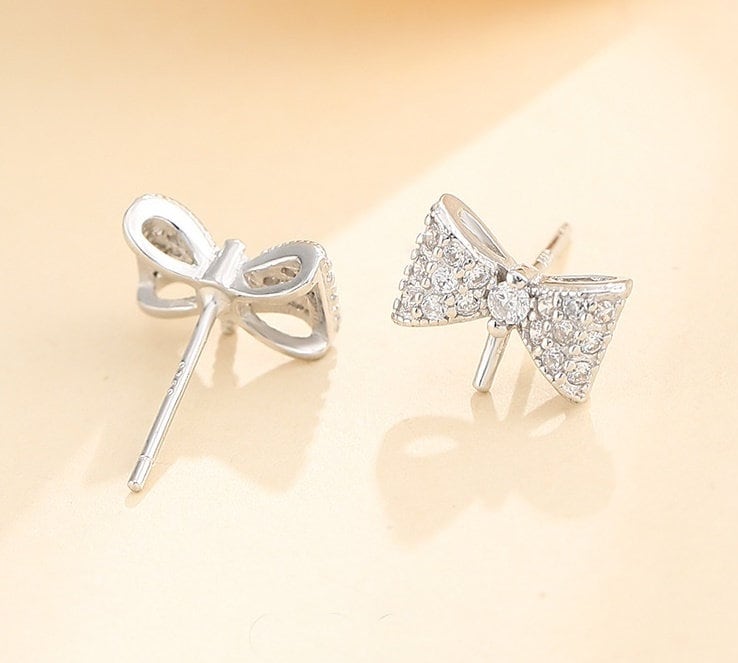 Crystals Bow-Knot Pin Stud Earrings Setting Sterling Silver Rose Gold Fine 925 4-8mm For One Pearl Bead No Prongs DIY Jewelry Wholesale