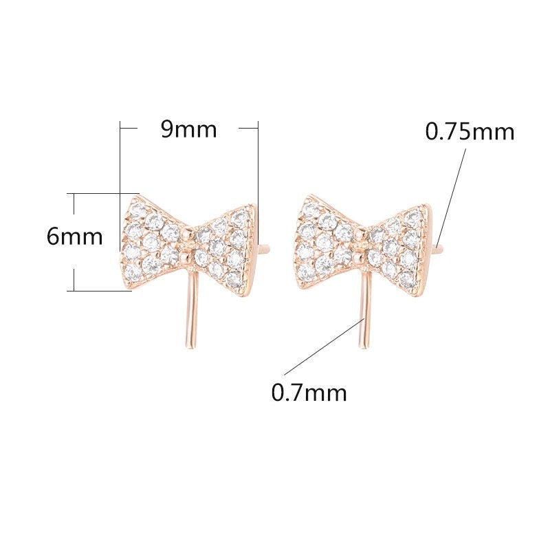 Crystals Bow-Knot Pin Stud Earrings No Prongs Setting Sterling Silver Gold Fine 925 4-10mm For One Pearl Adjustable DIY Jewelry Wholesale