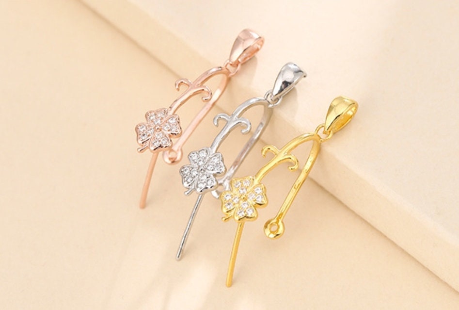 Crystals Flower Buckle Clip Pendant Setting Sterling Silver Rose Gold Fine 925 11x12.5mm For One Donut Bead No Prongs DIY Jewelry Wholesale