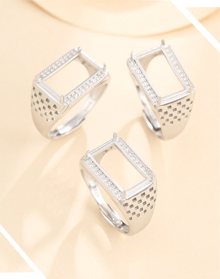 Ring Blank Setting 1pc Sterling Silver 925 Crystals Rectangle Base Fine 9x15mm For One Stone Gemstone Adjustable Four Prongs Wholesale