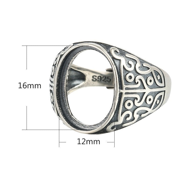 Ring Blank Setting 1pc Sterling Silver 925 Retro Pattern Oval Base Fine 12x16mm For One Stone Gemstone Adjustable No Prongs Wholesale