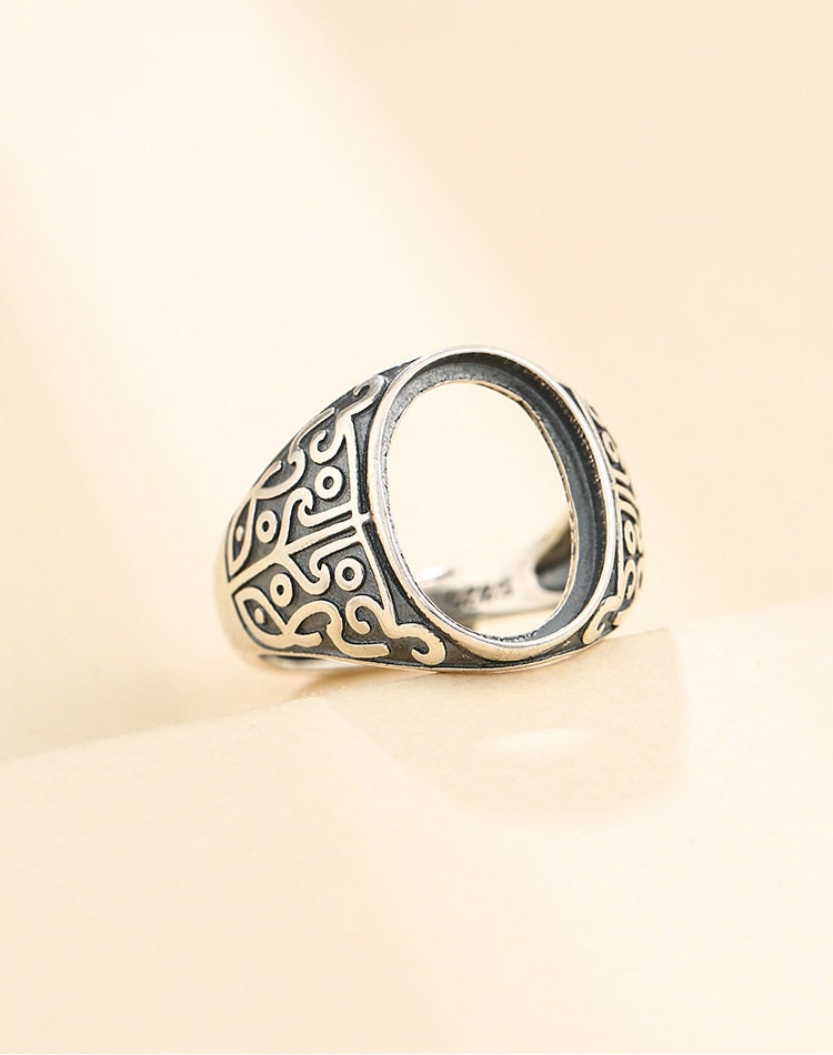 Ring Blank Setting 1pc Sterling Silver 925 Retro Pattern Oval Base Fine 12x16mm For One Stone Gemstone Adjustable No Prongs Wholesale