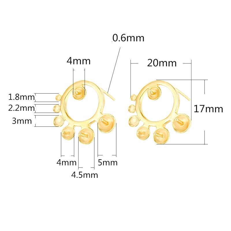 Round Group Pin Base Stud Earrings Setting Wholesale Sterling Silver Rose Gold Fine 925 1.8-4.5mm For 7 Pearls Beads No Prongs DIY Jewelry