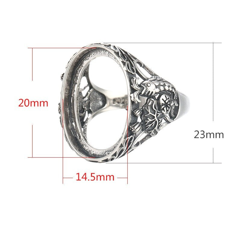 Ring Blank Setting 1pc Sterling Silver 925 Ethno Fish Pattern Oval Fine 14.5x20mm For One Stone Gemstone Adjustable No Prongs Wholesale