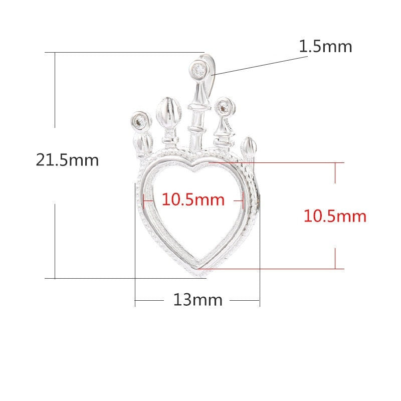 Crown Heart Love Base Pendant Setting Bezel Sterling Silver Gold Fine 925 10.5mm For One Stone Gemstone No Prongs DIY Jewelry Wholesale