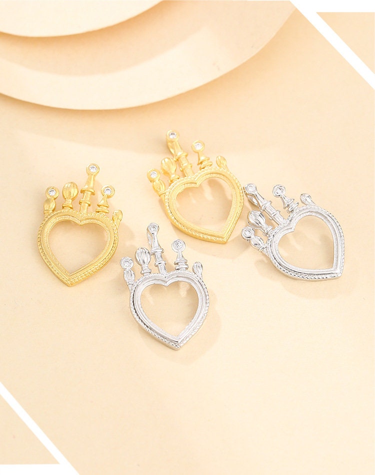 Crown Heart Love Base Pendant Setting Bezel Sterling Silver Gold Fine 925 10.5mm For One Stone Gemstone No Prongs DIY Jewelry Wholesale