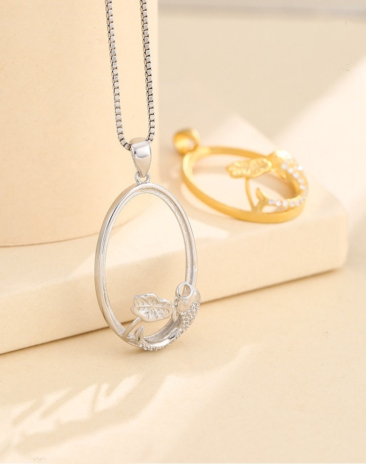 Vintage Crystals Fish Oval Base Pendant Blank Setting Sterling Silver Gold Fine 925 10-26mm For One Stone No Prongs DIY Jewelry Wholesale