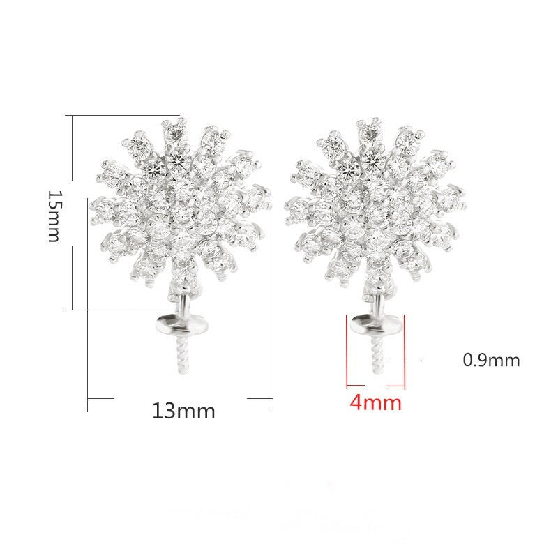 Crystals Snowflake Pin Cup Earrings Stud Setting Sterling Silver Gold Fine 925 13x15mm For One Pearl Bead No Prongs DIY Jewelry Wholesale