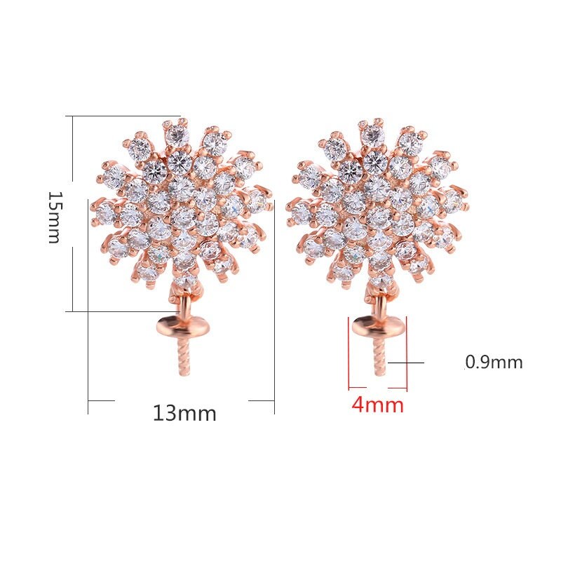 Crystals Snowflake Pin Cup Earrings Stud Setting Sterling Silver Gold Fine 925 13x15mm For One Pearl Bead No Prongs DIY Jewelry Wholesale