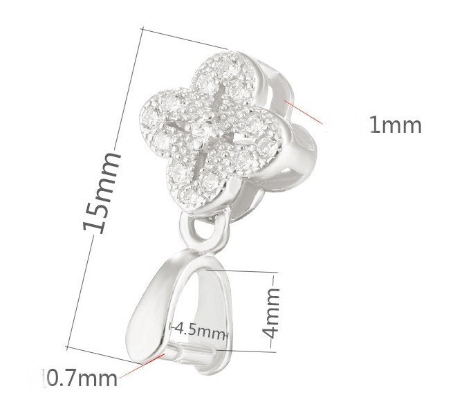 Crystals Clover Flower Buckle Clip Pendant Setting No Prongs Sterling Silver Rose Gold Fine 925 4x4.5 mm For One Bead DIY Jewelry Wholesale