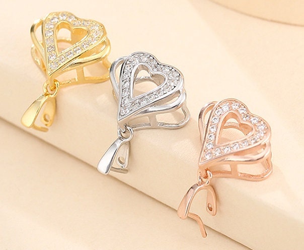 Crystals Heart Buckle Clip Pendant Setting Sterling Silver Rose Gold Fine 925 3x4mm For One Stone Bead No Prongs DIY Jewelry Wholesale