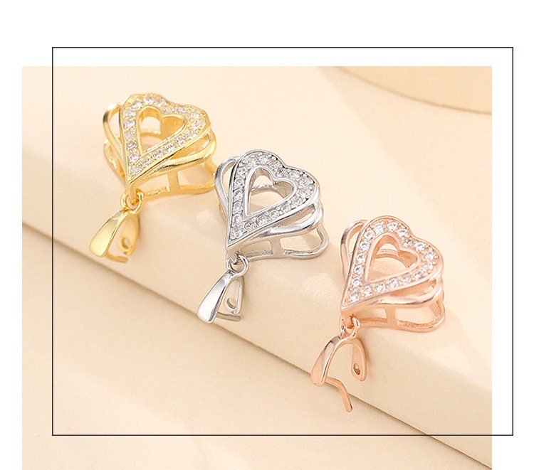 Crystals Heart Buckle Clip Pendant Setting Sterling Silver Rose Gold Fine 925 3x4mm For One Stone Bead No Prongs DIY Jewelry Wholesale