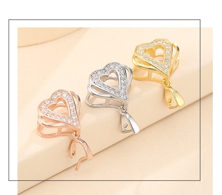 Crystals Heart Buckle Clip Pendant Setting Sterling Silver Rose Gold Fine 925 3x4mm For One Stone Bead No Prongs DIY Jewelry Wholesale