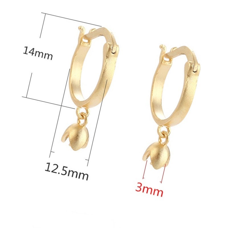 Round Cup Pin Latch Hinged Hoop Earrings Setting Bezel Sterling Silver Gold Fine 925 3 mm For One Pearl Bead No Prongs DIY Jewelry Wholesale