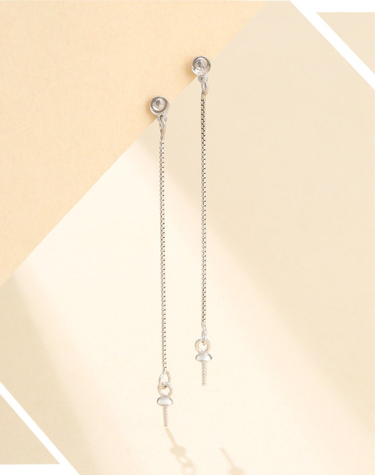 Simple Chain Pin Earrings Stud Setting Sterling Silver White Gold Fine 925 40 60 80 100mm For Two Pearls No Prongs DIY Jewelry Wholesale