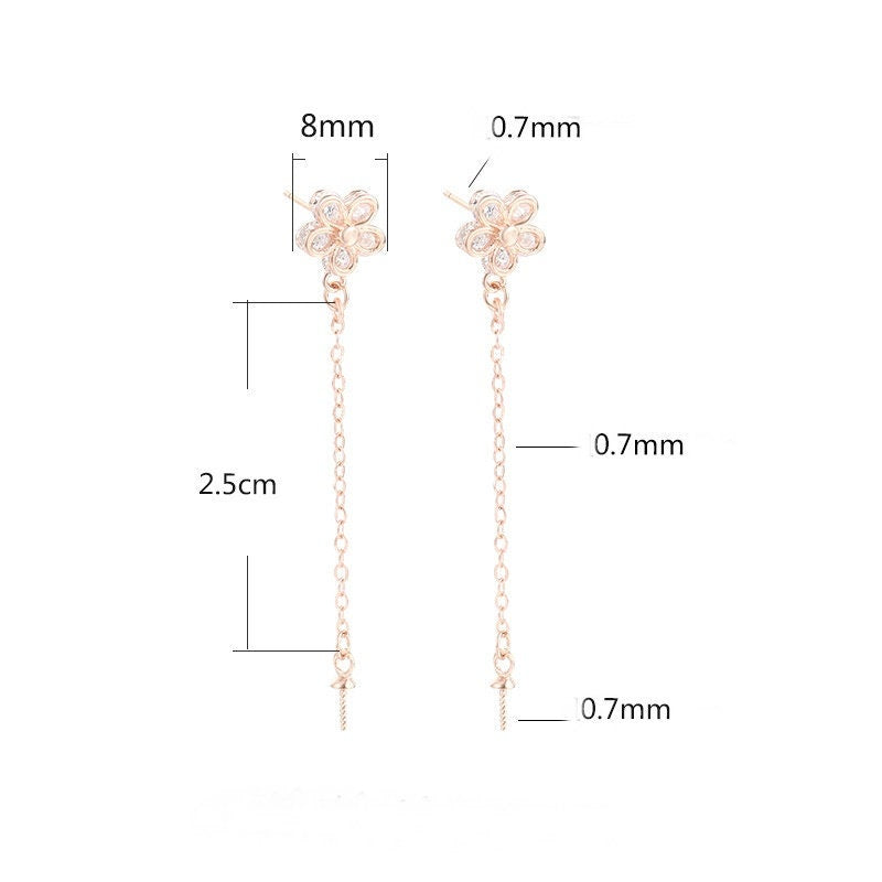 Flower Chain Pin Base Earrings Stud Setting Sterling Silver Rose Gold Fine 925 4-10mm For One Pearl Bead No Prongs DIY Jewelry Wholesale