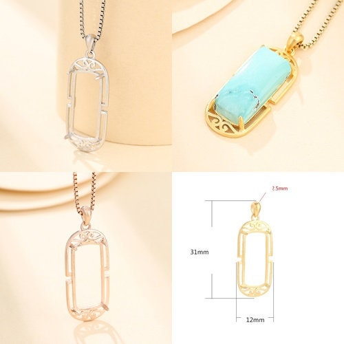 Vintage Rectangle Base Pendant Setting Fine Sterling Silver Rose Gold 925 9x19mm For One Stone Gemstone Four Prongs DIY Jewelry Wholesale