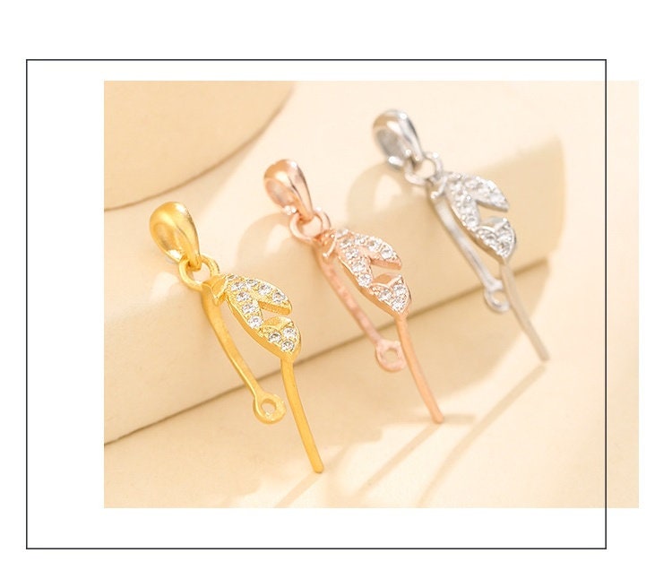 Crystals Leaf Buckle Clip Pendant Setting Sterling Silver Rose Gold Fine 925 6x8mm For One Stone Bead No Prongs DIY Jewelry Wholesale