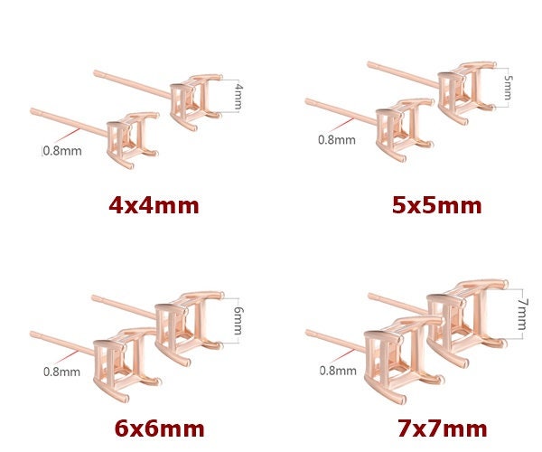 Simple Square Base Stud Earrings Setting Wholesale Sterling Silver Rose Gold Fine 925 4-7mm For One Stone Gemstone Four Prongs DIY Jewelry