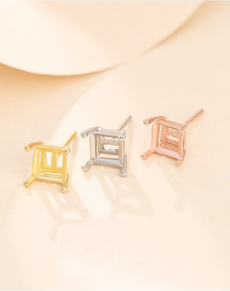 Simple Square Base Stud Earrings Setting Wholesale Sterling Silver Rose Gold Fine 925 4-7mm For One Stone Gemstone Four Prongs DIY Jewelry