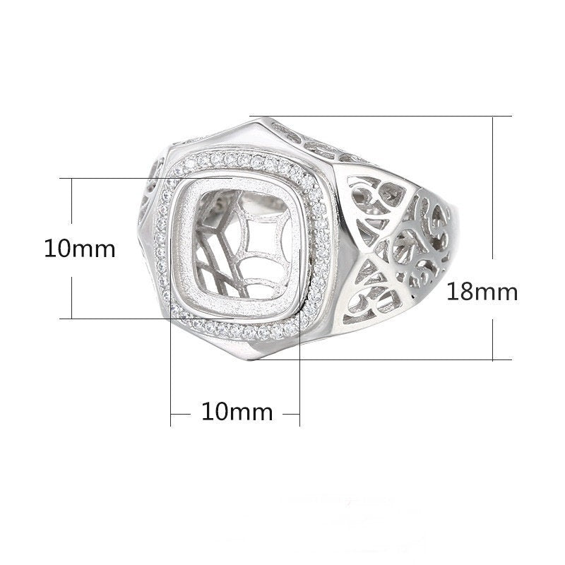 Ring Blank Setting 1pc Sterling Silver 925 Crystals Retro Square White Gold Fine 10x10mm For One Stone Adjustable No Prongs Wholesale