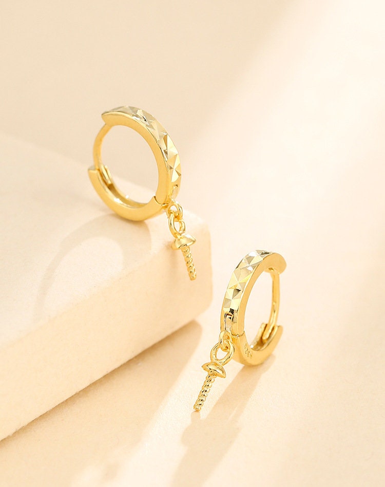 Round Pin Latch Hinged Hoop Earrings Setting Bezel Sterling Silver Gold Fine 925 5-10mm For One Pearl Bead No Prongs DIY Jewelry Wholesale