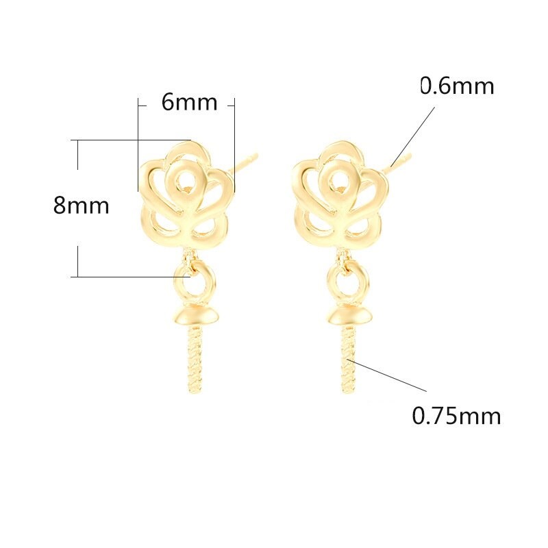 Rose Flower Pin Base Stud Earrings Setting Sterling Silver White Gold Fine 925 6x8mm For One Pearl Bead No Prongs DIY Jewelry Wholesale