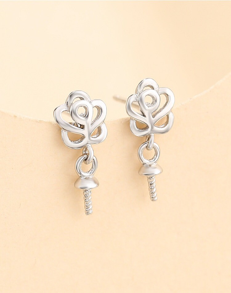 Rose Flower Pin Base Stud Earrings Setting Sterling Silver White Gold Fine 925 6x8mm For One Pearl Bead No Prongs DIY Jewelry Wholesale