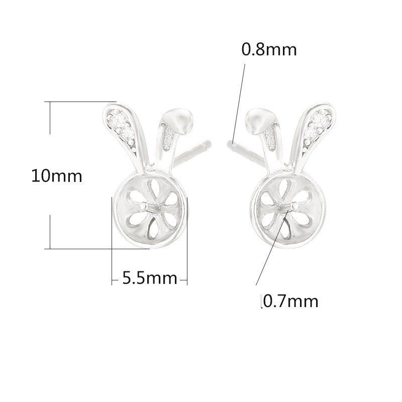 Bunny Round Pin Base Earrings Stud Setting Bezel Sterling Silver Rose Gold Fine 925 6x6mm For One Pearl Bead No Prongs DIY Jewelry Wholesale